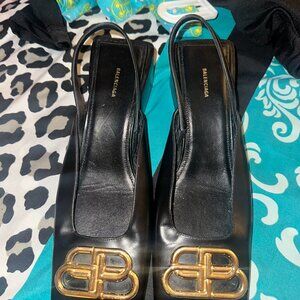 Balenciaga Double Square BB Slingback Pumps Black Leather Gold Hardware 37.5 7.5